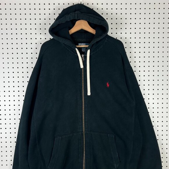 Polo Ralph Lauren Hoodie 2XLT Black Full Zip Waffle Lined Red PONY Fade Jacket - Picture 2 of 7